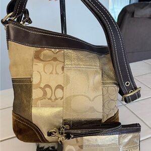 Coach Patchwork Shoulder Bag in Gold and Brown